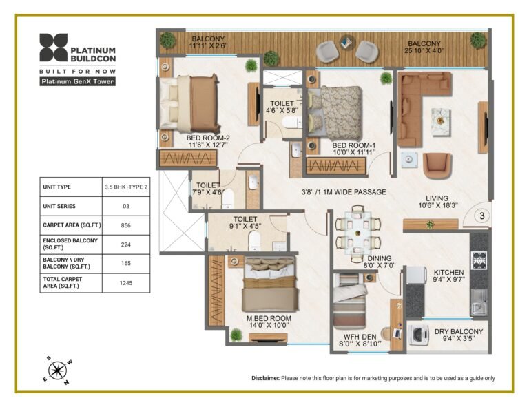 3 BHK Carpet 1084